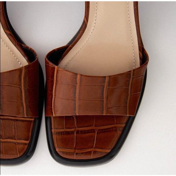 Zara Faux Croc Embossed Mule Sandals EU 37 US 7 Brown Kitten Heel Trendy Y2K - Picture 4 of 13